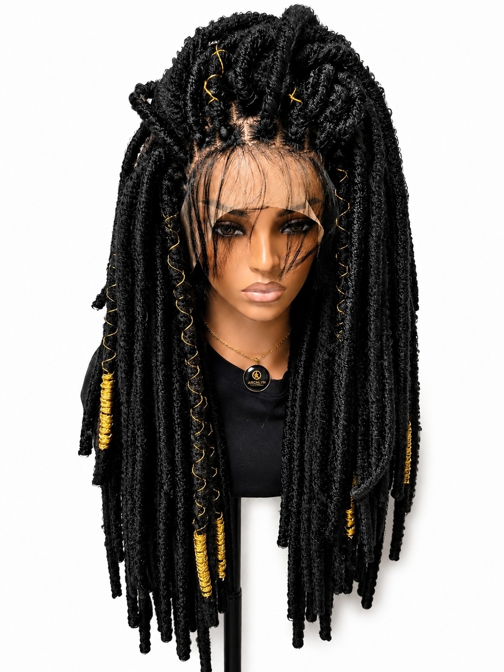 Black Faux Locs Lace Front Wig with Gold Accents - Women Hair